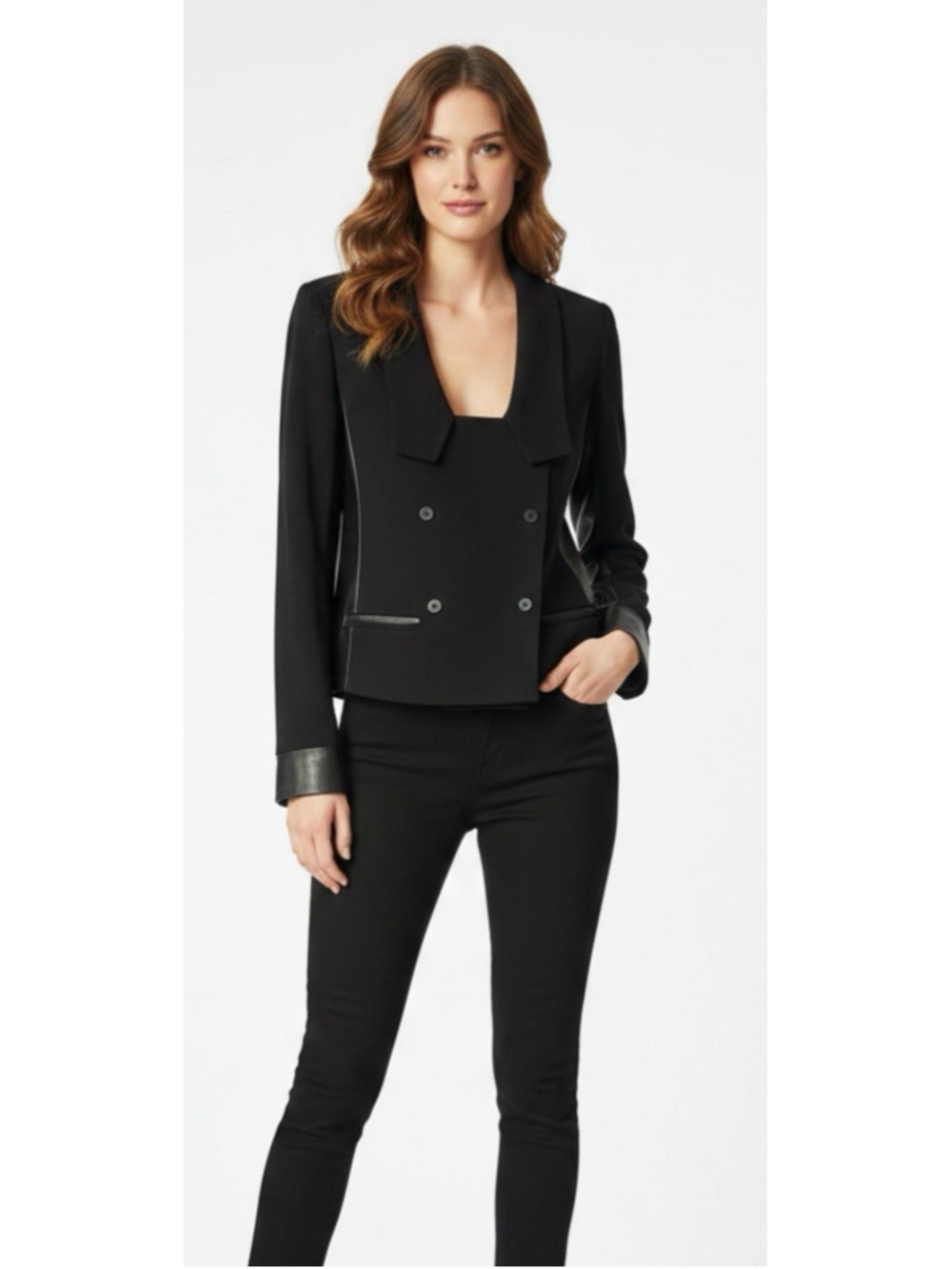 DVF Black Leather Combo Blazer Jacket Office Siren Designer 6 Professional